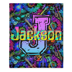 🎸Customized Black Neon Music Notes & Guitars Blanket - Personalized Name - Gifts For Rockstars, Music Lovers - OLESA