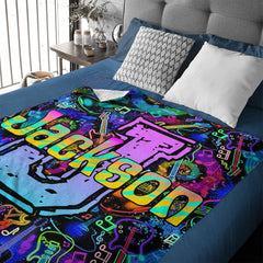 🎸Customized Black Neon Music Notes & Guitars Blanket - Personalized Name - Gifts For Rockstars, Music Lovers - OLESA