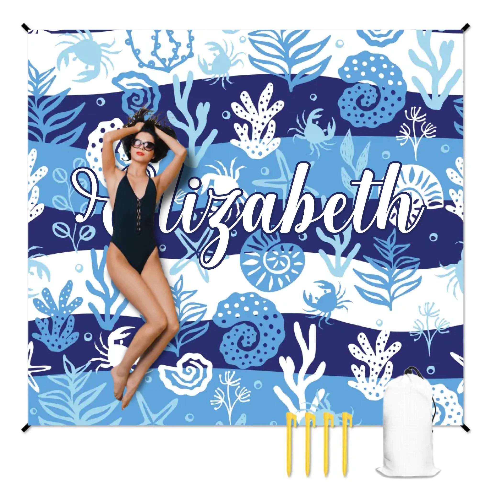 Customized Blue Ocean Theme Beach Mat - Marine Life Cartoon Print - Gifts for Beach Tourism,Hiking Trips - OLESA