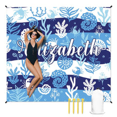 Customized Blue Ocean Theme Beach Mat - Marine Life Cartoon Print - Gifts for Beach Tourism,Hiking Trips - OLESA