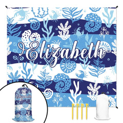 Customized Blue Ocean Theme Beach Mat - Marine Life Cartoon Print - Gifts for Beach Tourism,Hiking Trips - OLESA