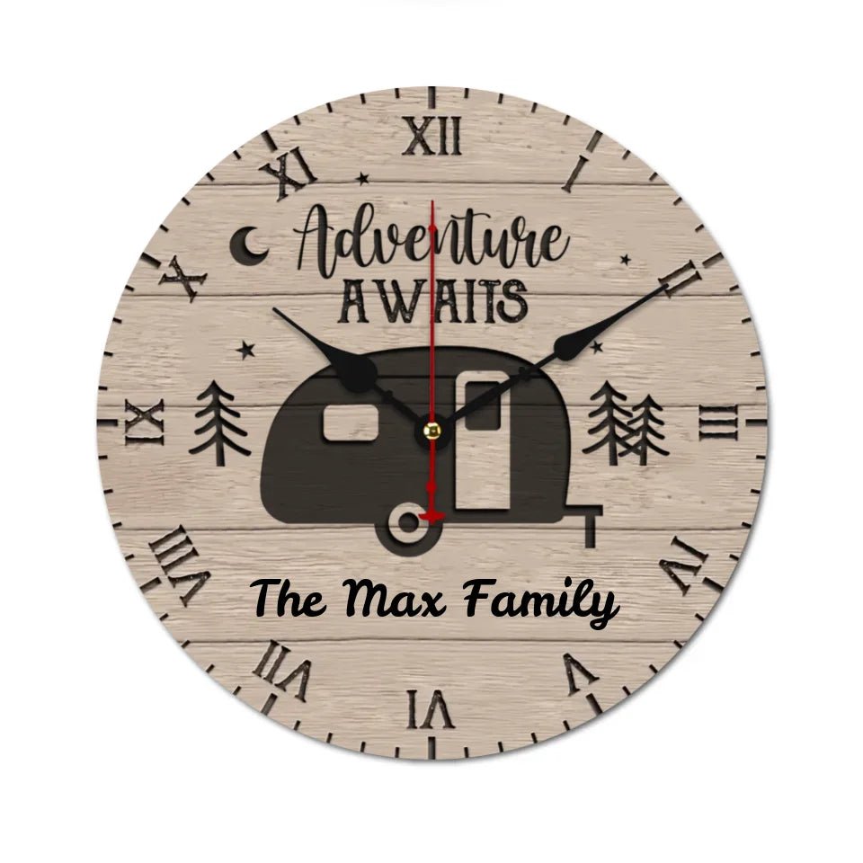 Customized Camping Themed Wall Clocks - Stylish Wall Clock That Can Be Personalized with Wood Grain Background,Campervan and Text - A Gift For Family,Friend,Camping Enthusiasts,Angler - OLESA