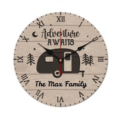 Customized Camping Themed Wall Clocks - Stylish Wall Clock That Can Be Personalized with Wood Grain Background,Campervan and Text - A Gift For Family,Friend,Camping Enthusiasts,Angler - OLESA