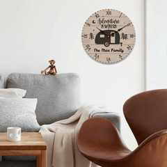 Customized Camping Themed Wall Clocks - Stylish Wall Clock That Can Be Personalized with Wood Grain Background,Campervan and Text - A Gift For Family,Friend,Camping Enthusiasts,Angler - OLESA