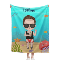 Customized Cartoon Character Blanket - Personalized Cartoon Character Image and Name Ocean Themed Blanket - A Gift For Children,Friend,BFF,Family - OLESA