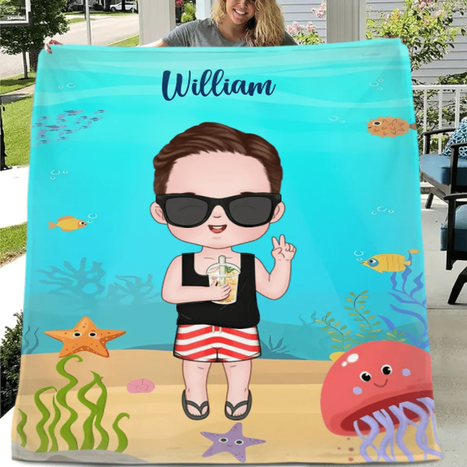 Customized Cartoon Character Blanket - Personalized Cartoon Character Image and Name Ocean Themed Blanket - A Gift For Children,Friend,BFF,Family - OLESA