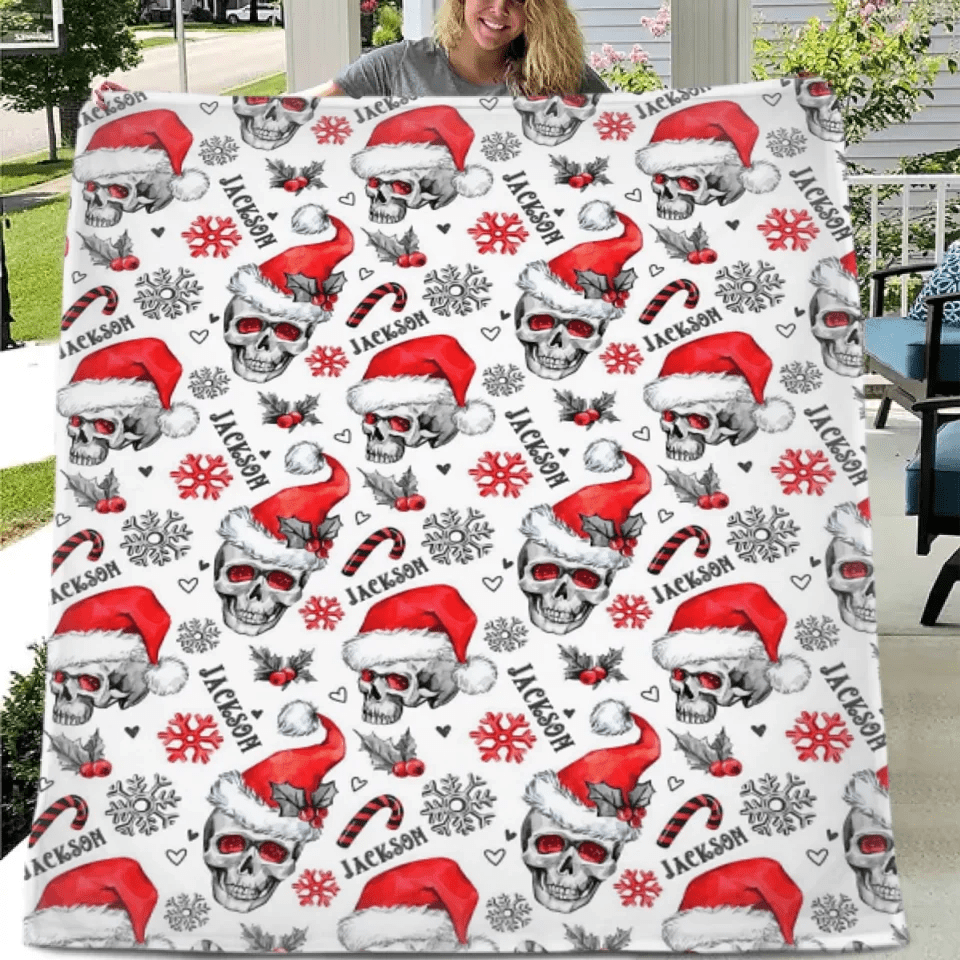 Customized Christmas Blankets - Personalized Name Skull Flannel Blanket with Christmas - A Gift For Yourself,Family,Friend,Colleagues - OLESA