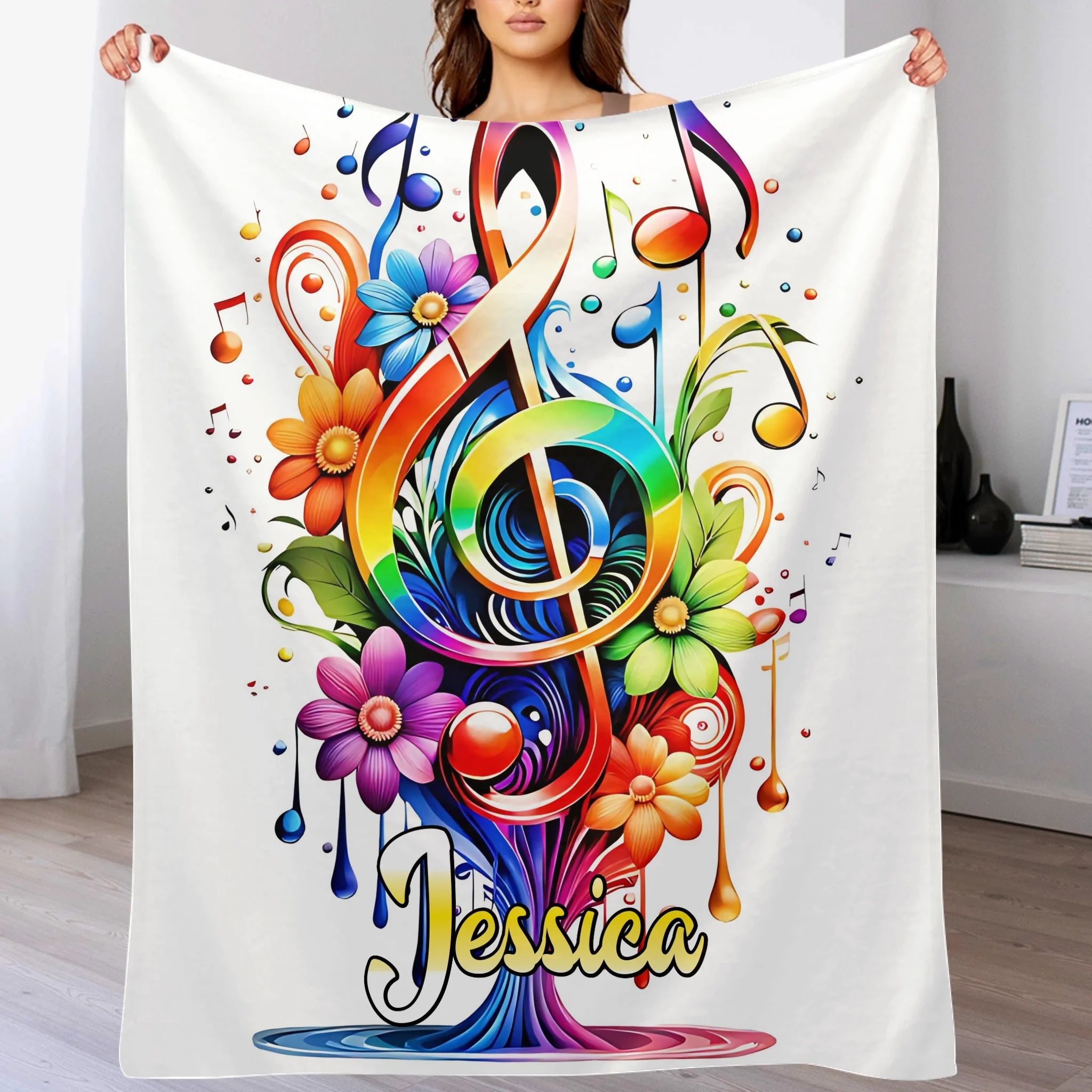 🎵Customized Colorful Clef With Leaves Blanket - Personalized Name - Gifts For Music Lovers - OLESA