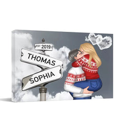 Customized Couple Character Wall Art - Decorative Canvas Painting With Personalized Name And Cartoon Couple Characters - Commemorative Gift - OLESA