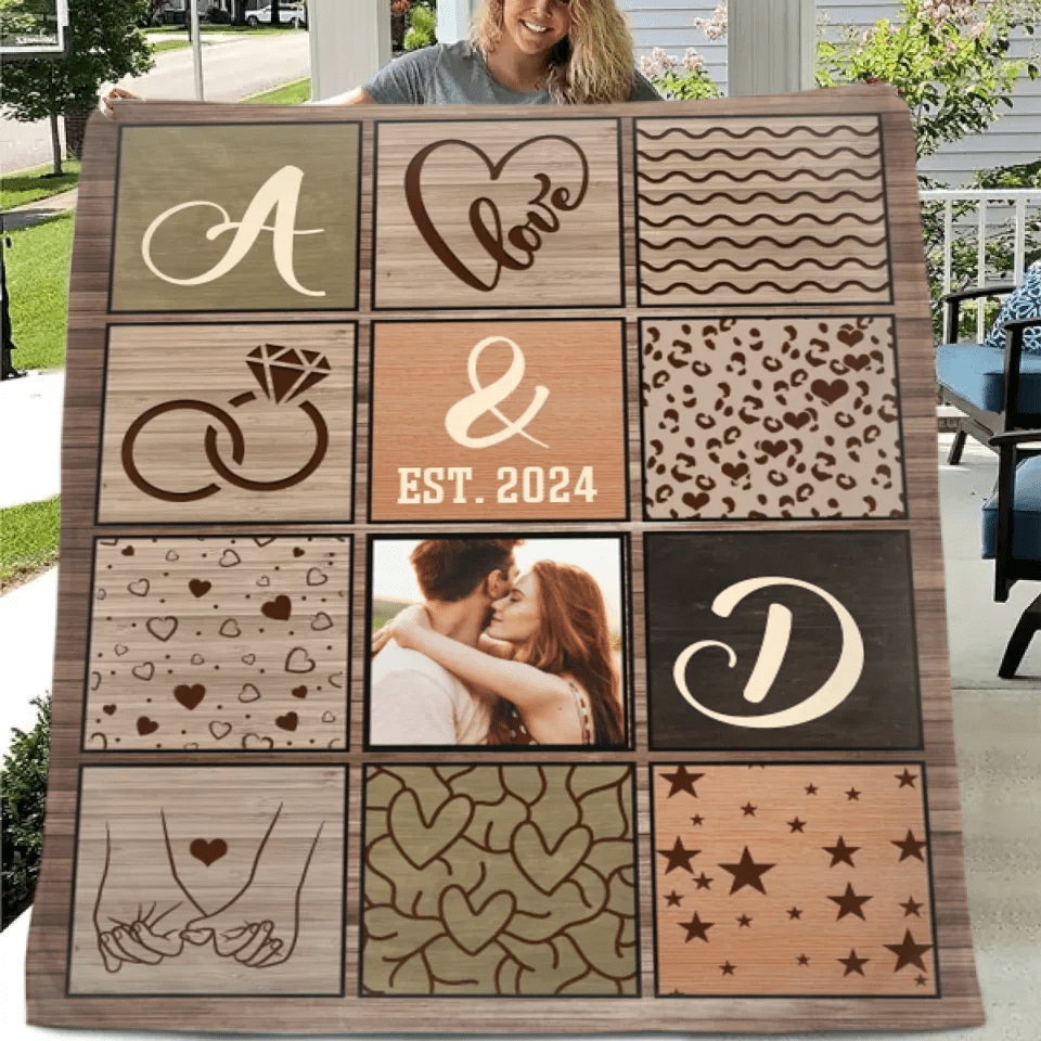 Customized Couple Photo Blanket - Personalized Initials, Date And Photo Flannel keepsake Blanket - A Gift for Couples,Wife, Husband - OLESA