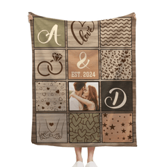 Customized Couple Photo Blanket - Personalized Initials, Date And Photo Flannel keepsake Blanket - A Gift for Couples,Wife, Husband - OLESA