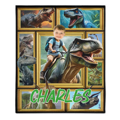 Customized Dinosaur Blanket - Personalized Name and Photo Riding Dinosaur Themed Flannel Blanket - A Gift For Children,Boy,Classmate - OLESA