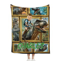 Customized Dinosaur Blanket - Personalized Name and Photo Riding Dinosaur Themed Flannel Blanket - A Gift For Children,Boy,Classmate - OLESA