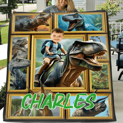 Customized Dinosaur Blanket - Personalized Name and Photo Riding Dinosaur Themed Flannel Blanket - A Gift For Children,Boy,Classmate - OLESA