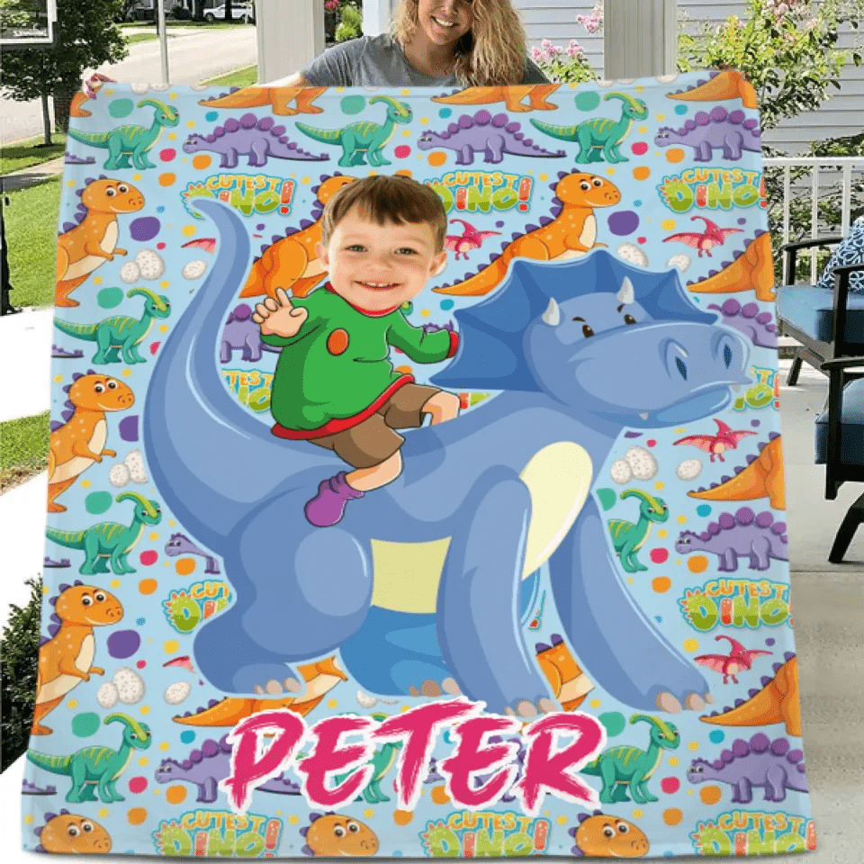 Customized Dinosaur Blanket - Personalized Photo and Name Dinosaur Rider Flannel Blanket - A Gift For Children,Boy,Girl - OLESA