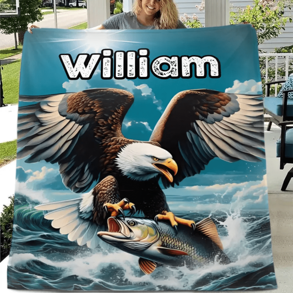 Customized Eagle Themed Blanket - Personalized Name Eagle Catching Fish Blanket - A Gift For Bird Lover,Eagle Lover,Friend,Colleagues - OLESA