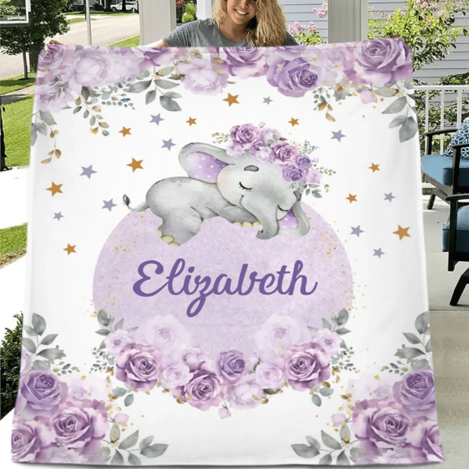 Customized Elephant Blanket - Personalized Name Blankets In Three Color Choices Of Flowers And Elephants - A Gift For Child,Baby - OLESA