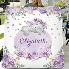 Customized Elephant Blanket - Personalized Name Blankets In Three Color Choices Of Flowers And Elephants - A Gift For Child,Baby - OLESA