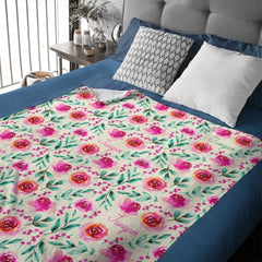 Customized Floral Blanket - Personalized Name Watercolor Style Floral Pattern Blanket - A Gift For Girl,Baby,Children - OLESA