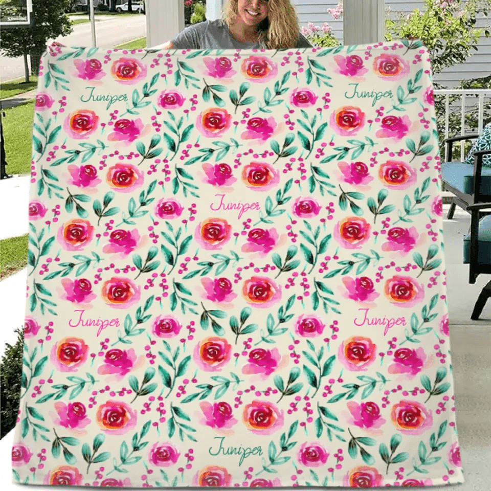 Customized Floral Blanket - Personalized Name Watercolor Style Floral Pattern Blanket - A Gift For Girl,Baby,Children - OLESA