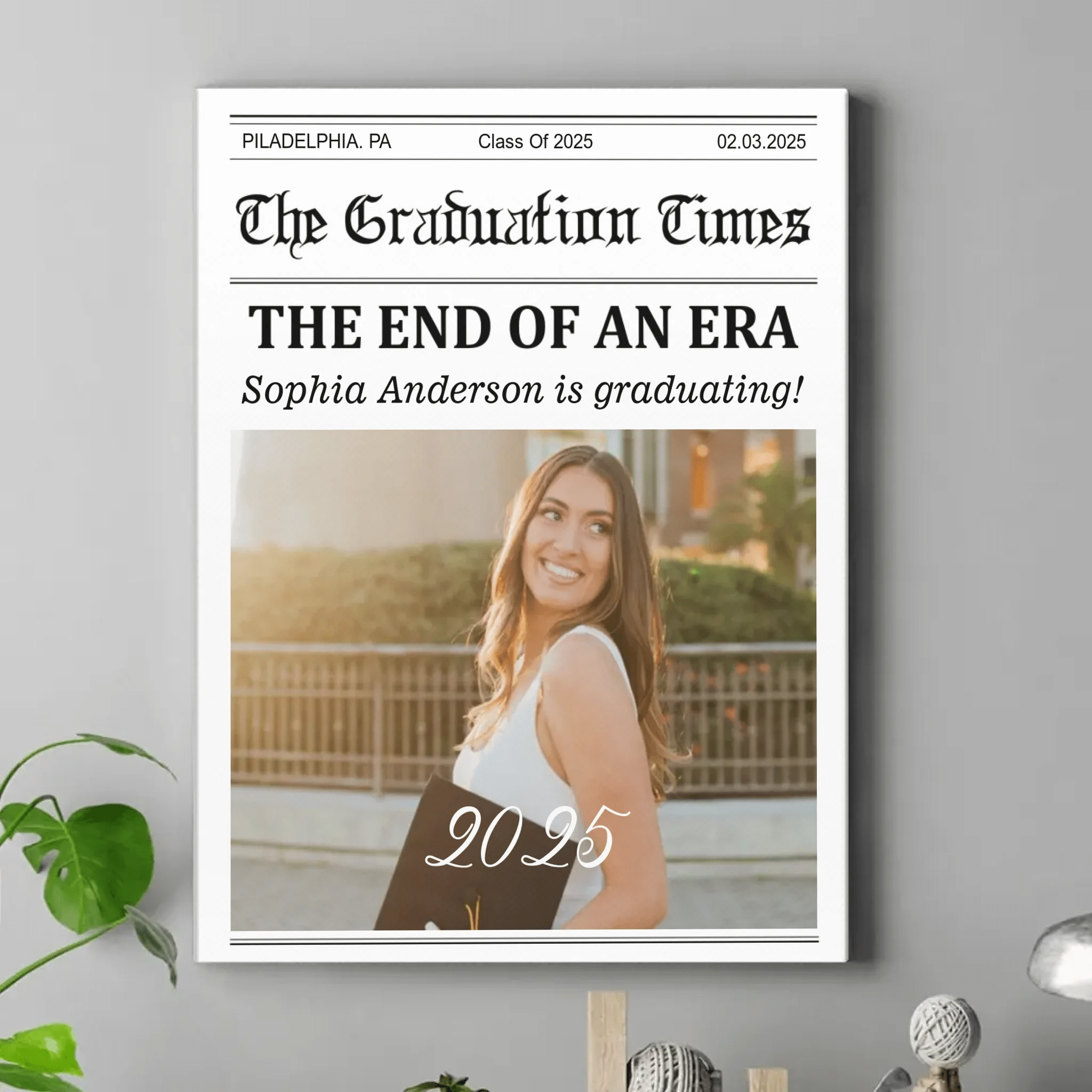 Customized Graduation Newspaper Template Wall Art - Personalized Name,Photo and Date Graduation Season Canvas Painting - A Graduation Gift For Kids,Students,Roommates - OLESA
