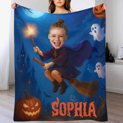 Customized Halloween Fun Blanket - Personalized Photo And Name Witch Blanket - Gift for Kids & Girls - OLESA