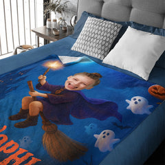 Customized Halloween Fun Blanket - Personalized Photo And Name Witch Blanket - Gift for Kids & Girls - OLESA