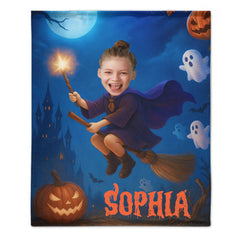Customized Halloween Fun Blanket - Personalized Photo And Name Witch Blanket - Gift for Kids & Girls - OLESA