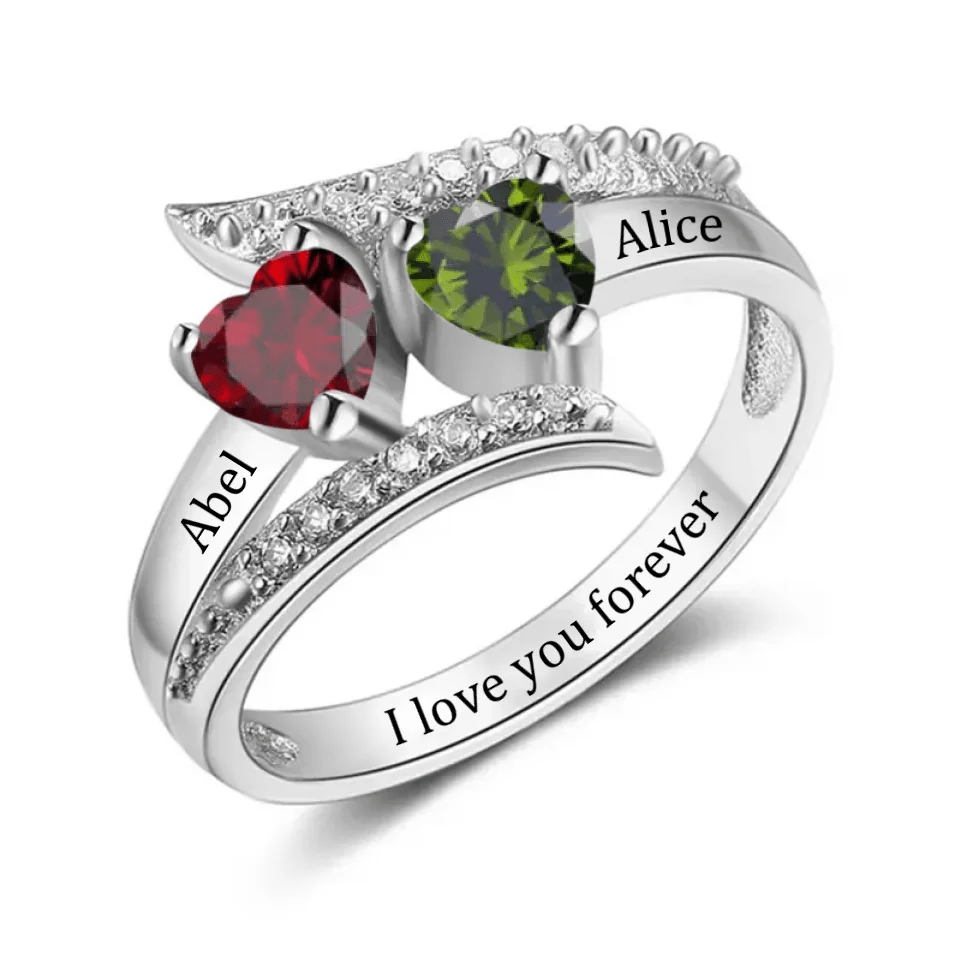 Customized Heart Shaped Ring with Diamonds - Personalized Name and Heart Birthstone Ring - A Gift For Mother,Wife - OLESA
