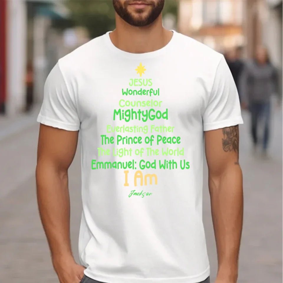 Customized Jesus - themed Text Apparel - Personalized Name Christmas Tree Shape Text Printed Costume - A Gift For Disciples Of Jesus,Yourself,Friend - OLESA