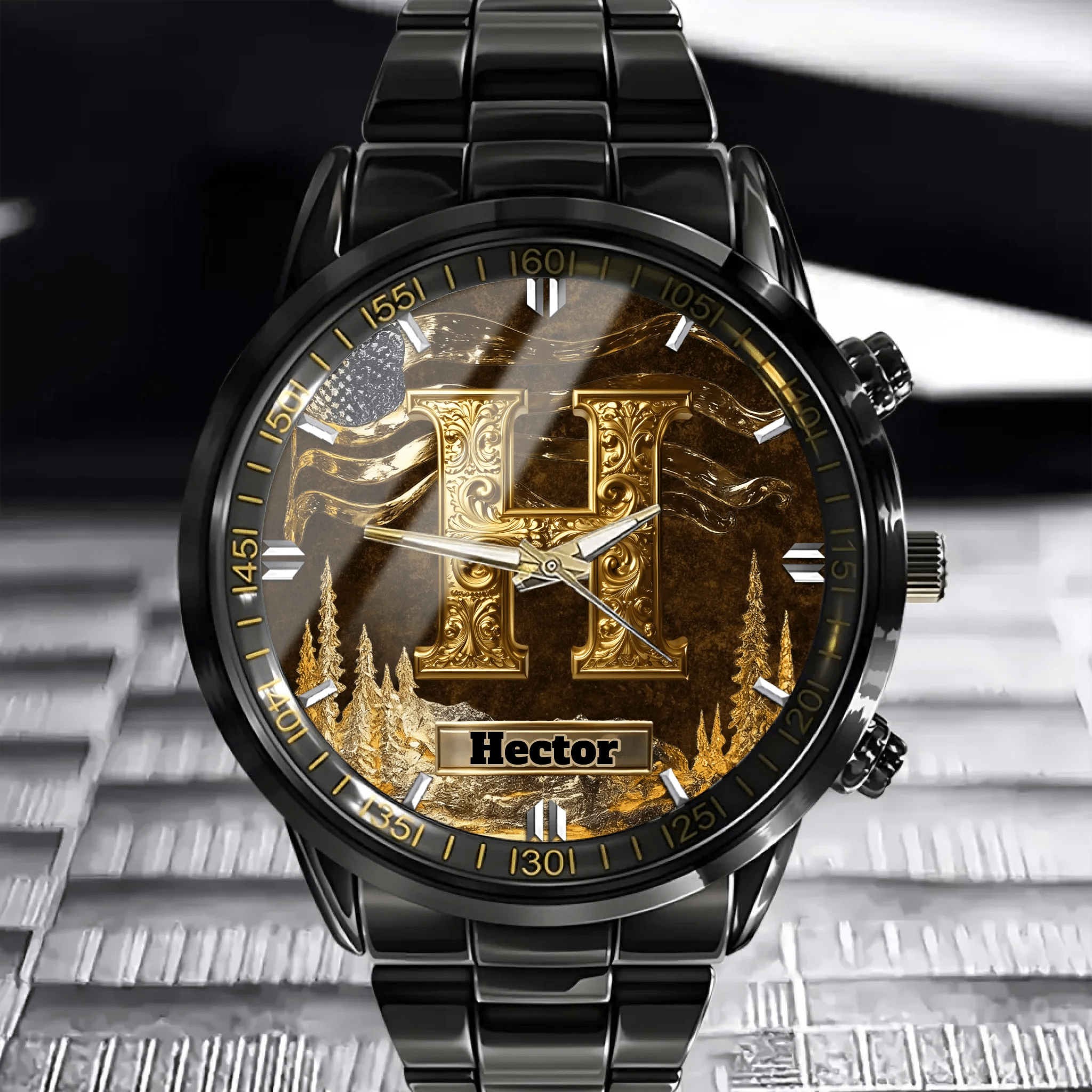 Customized Metal - look Dial Pattern Watch - Personalized Name and Initial - Memento Gift - OLESA