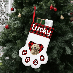 Customized Paw Shaped Christmas Stockings - Personalized Pet Photo and Name Vintage Christmas Vibes Paw Print Socks - Christmas Gifts For Family,Child And Pets - OLESA