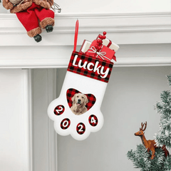 Customized Paw Shaped Christmas Stockings - Personalized Pet Photo and Name Vintage Christmas Vibes Paw Print Socks - Christmas Gifts For Family,Child And Pets - OLESA