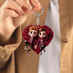 Customized Rose Heart Couple Keychain - Personalized Name and Couple Character Decorated Heart Keychain - A Gift For Couples,Wife,Husband,Girlfriend,Boyfriend,Her,Him - OLESA