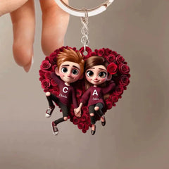 Customized Rose Heart Couple Keychain - Personalized Name and Couple Character Decorated Heart Keychain - A Gift For Couples,Wife,Husband,Girlfriend,Boyfriend,Her,Him - OLESA