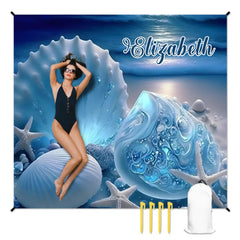 Customized Shell Pearl Beach Scene Beach Mat - Personalized Name Waterproof Sand - proof Pad - Gifts for Beach Tourism,Hiking Trips - OLESA