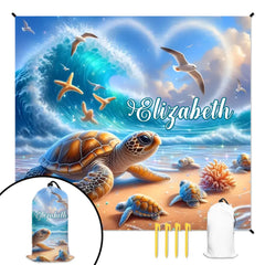 Customized Turtle Theme Beach Mat - Personalized Name - Gifts for Beach Party - OLESA