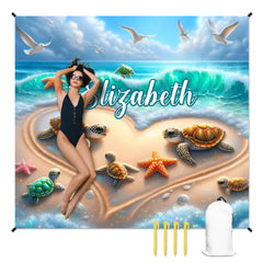 Customized Turtle Theme Beach Mat - Personalized Name - Gifts for Beach Tourism,Camping - OLESA