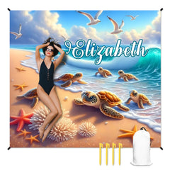 Customized Turtle Theme Beach Mat - Personalized Name - Gifts for Beach Tourism,Hiking Trips - OLESA