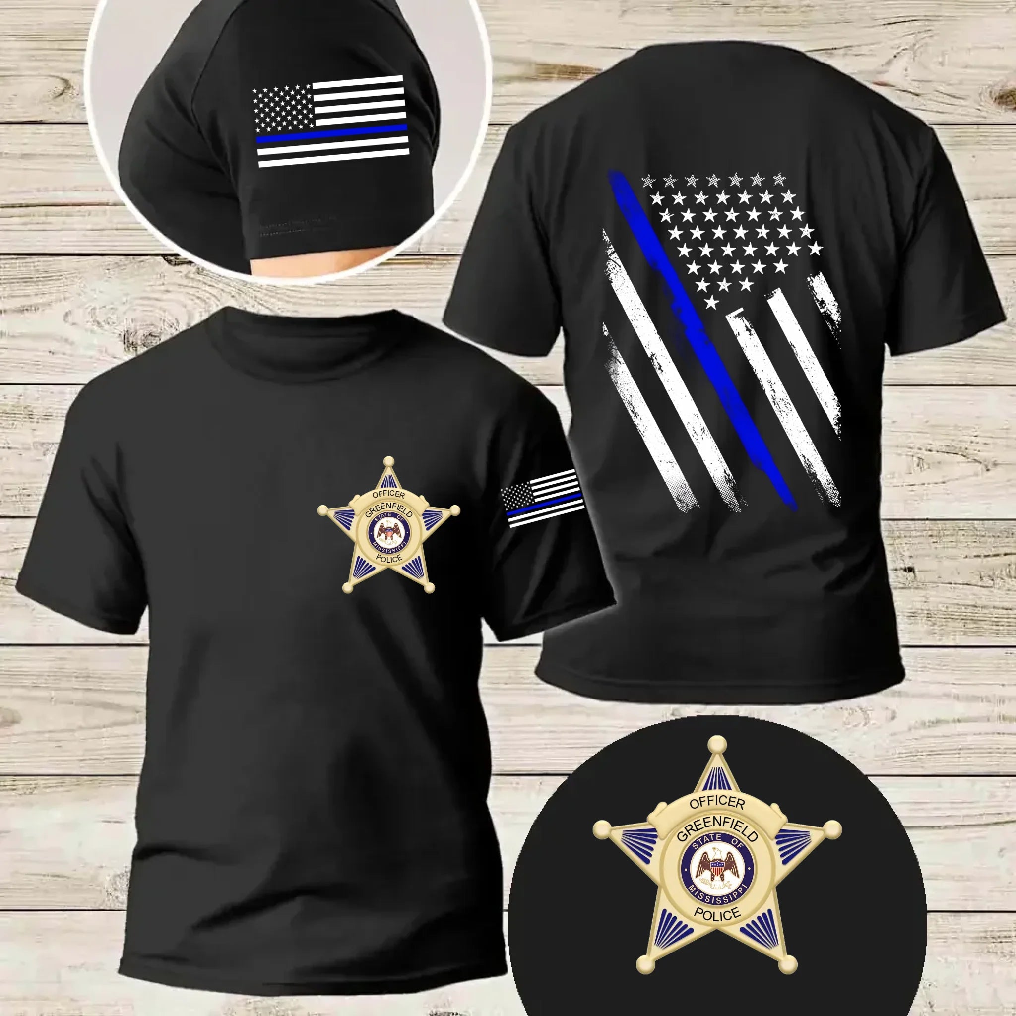 Customized U.S. Police Badge T-shirt - Personalized Stamps,Flags,Text for Police Badge Printed Apparel - A Gift For Police,Family,Dad,Grandfather - OLESA