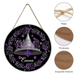 Customized Witch Magic Flower Hat House Door Plate - Personalized Name Wooden Sign - OLESA