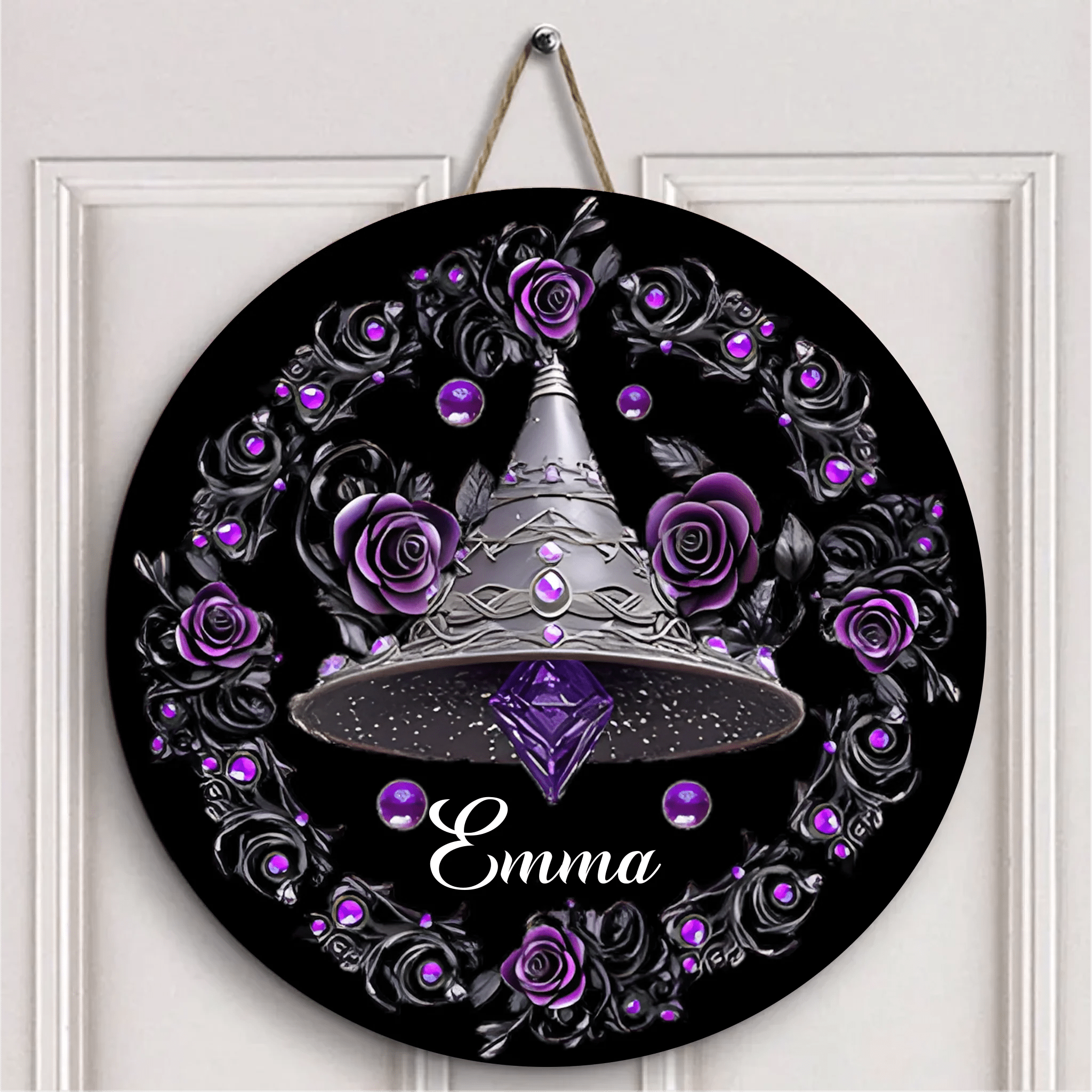 Customized Witch Magic Flower Hat House Door Plate - Personalized Name Wooden Sign - OLESA