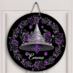 Customized Witch Magic Flower Hat House Door Plate - Personalized Name Wooden Sign - OLESA