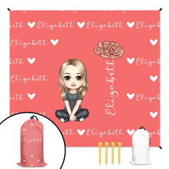 Cute Cartoon Character - Personalised Name Heart Birth Flower Beach Mat - OLESA