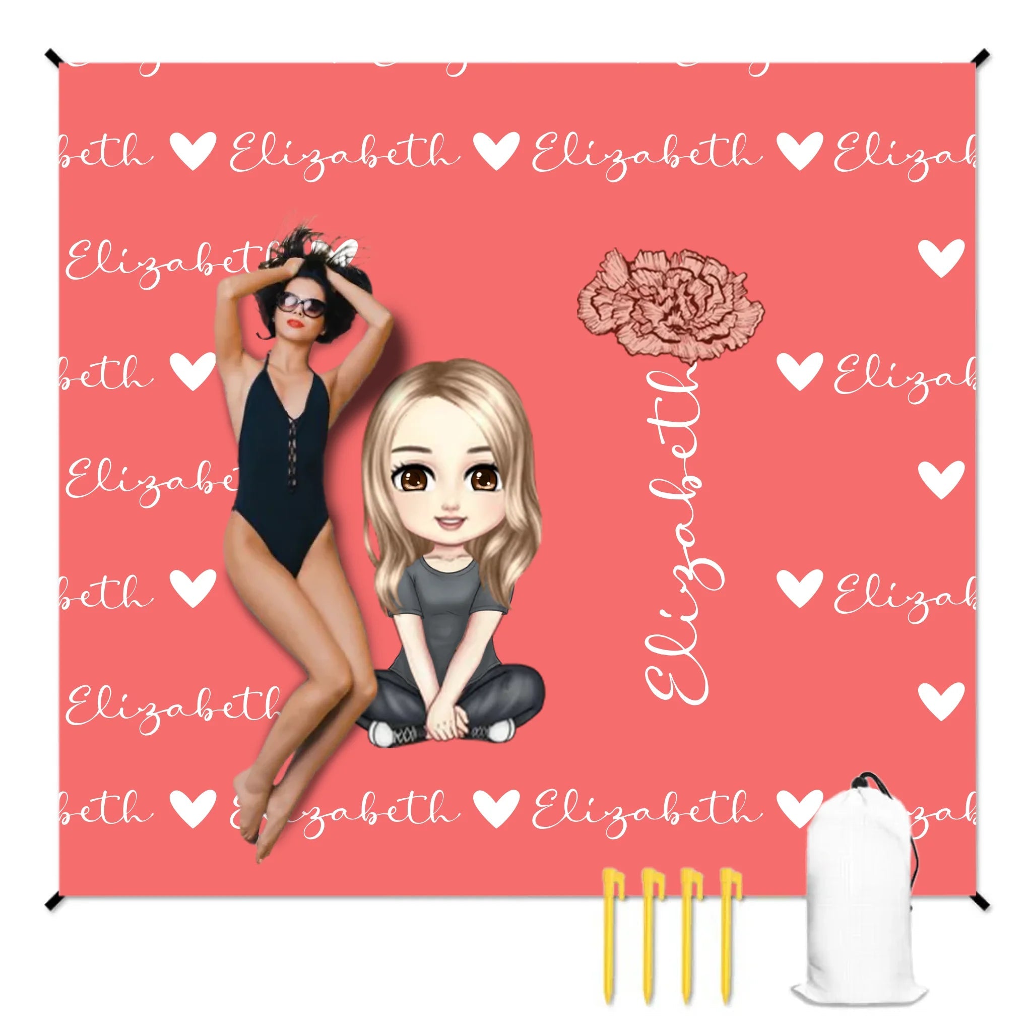 Cute Cartoon Character - Personalised Name Heart Birth Flower Beach Mat - OLESA