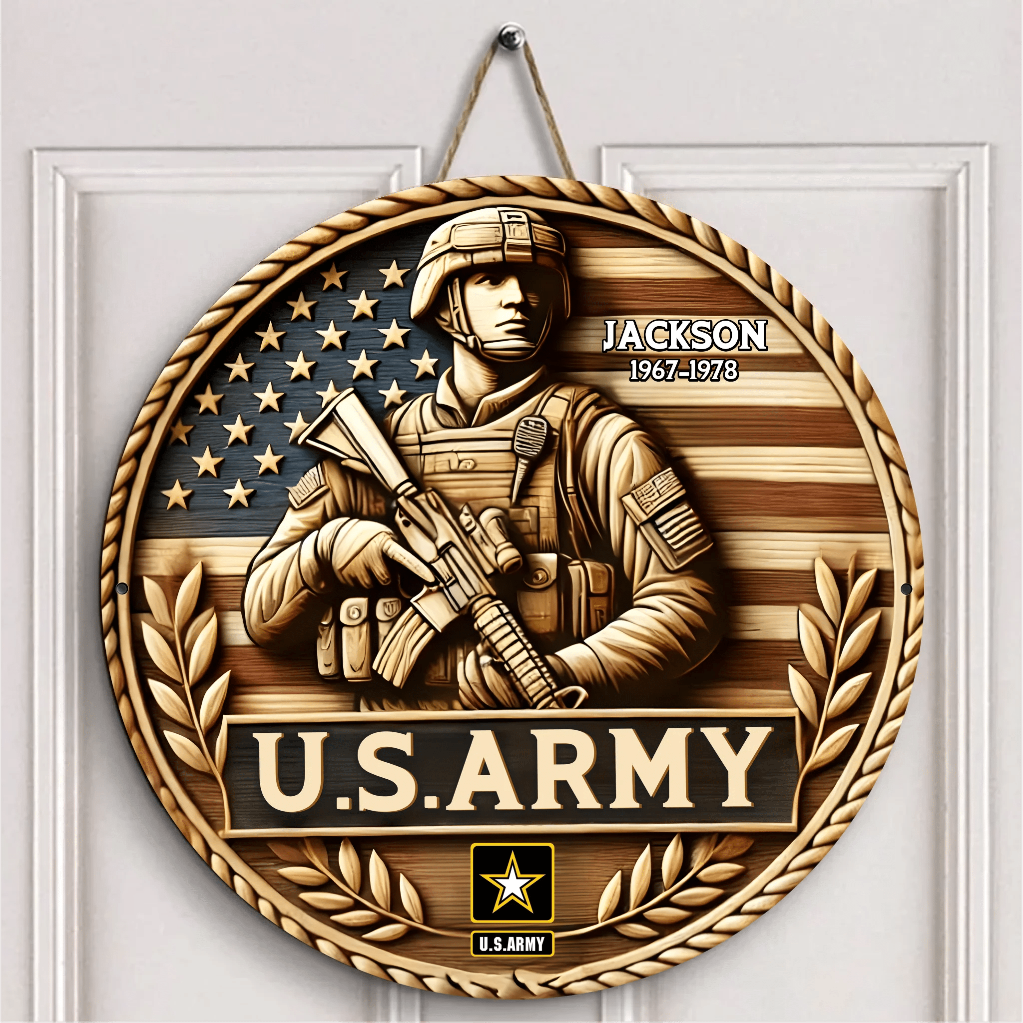Design of the American Flag and Soldiers Door Plate - Personalized Wooden Sign - OLESA