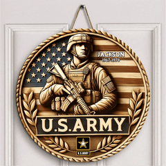 Design of the American Flag and Soldiers Door Plate - Personalized Wooden Sign - OLESA