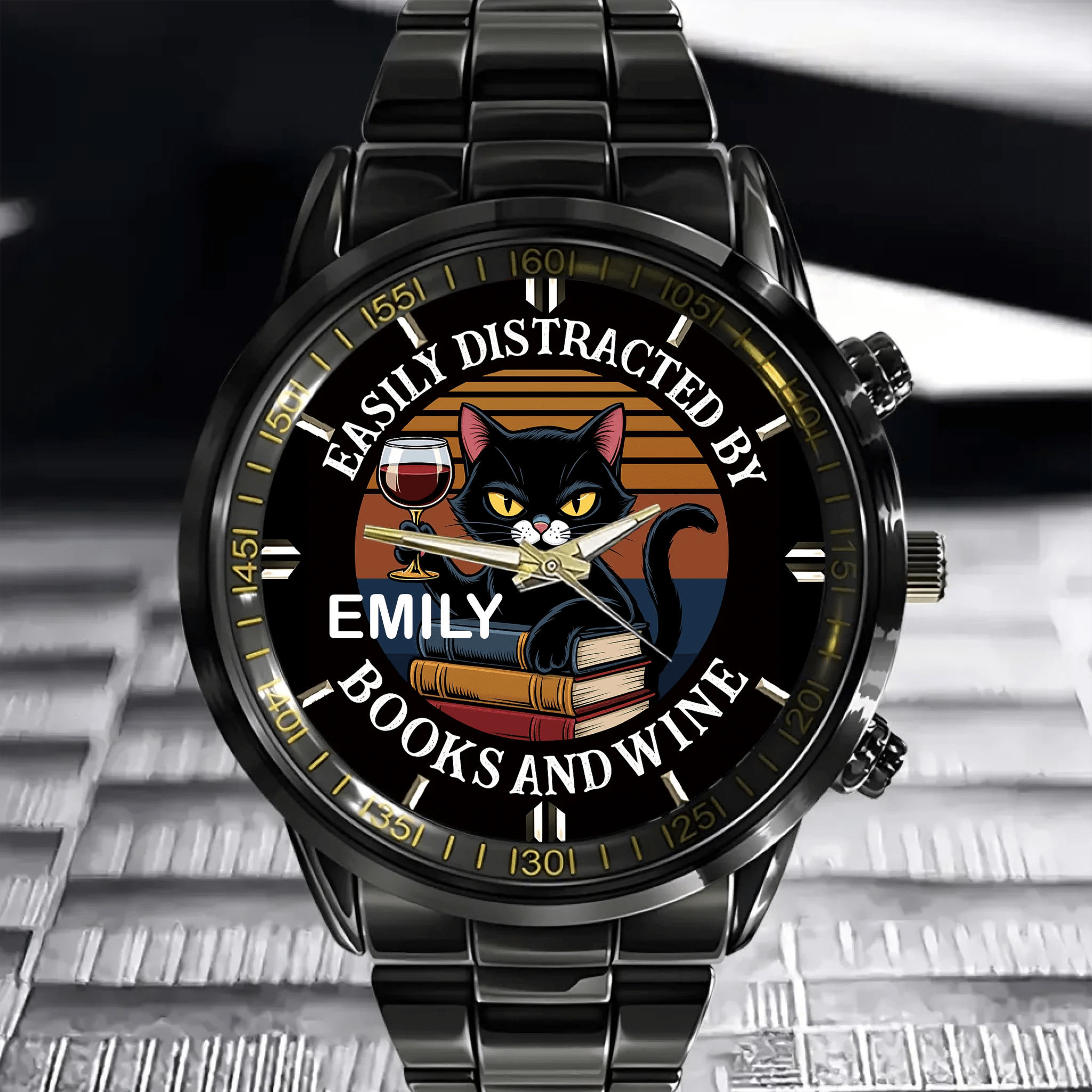 Easily Distracted By Books, Cats, & Wine - Personalized Name Watch - OLESA