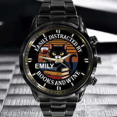 Easily Distracted By Books, Cats, & Wine - Personalized Name Watch - OLESA