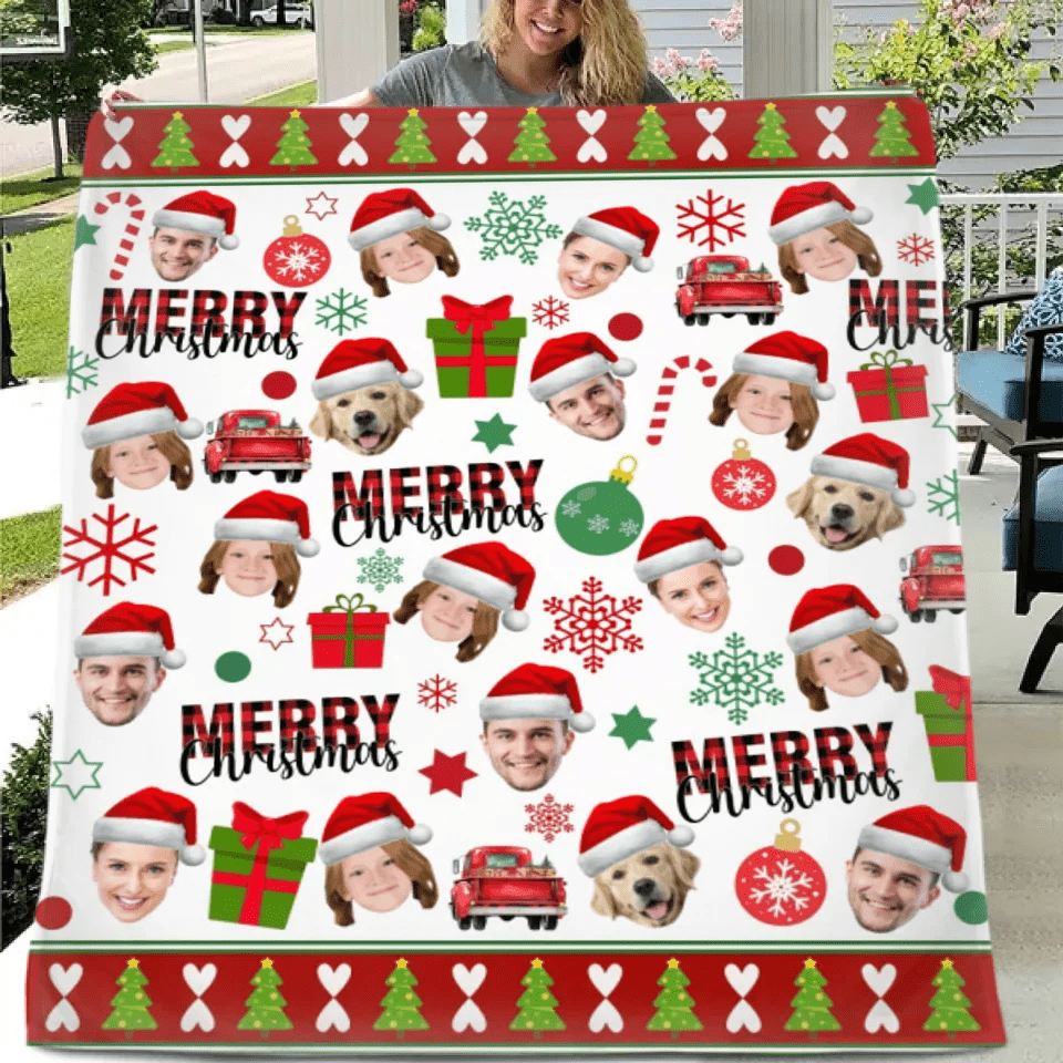 Family Customized Photo Christmas Themed Blanket - Warm Christmas Personalized Family Member Photo Soft Flannel Blanket - Christmas Gift For Family - OLESA